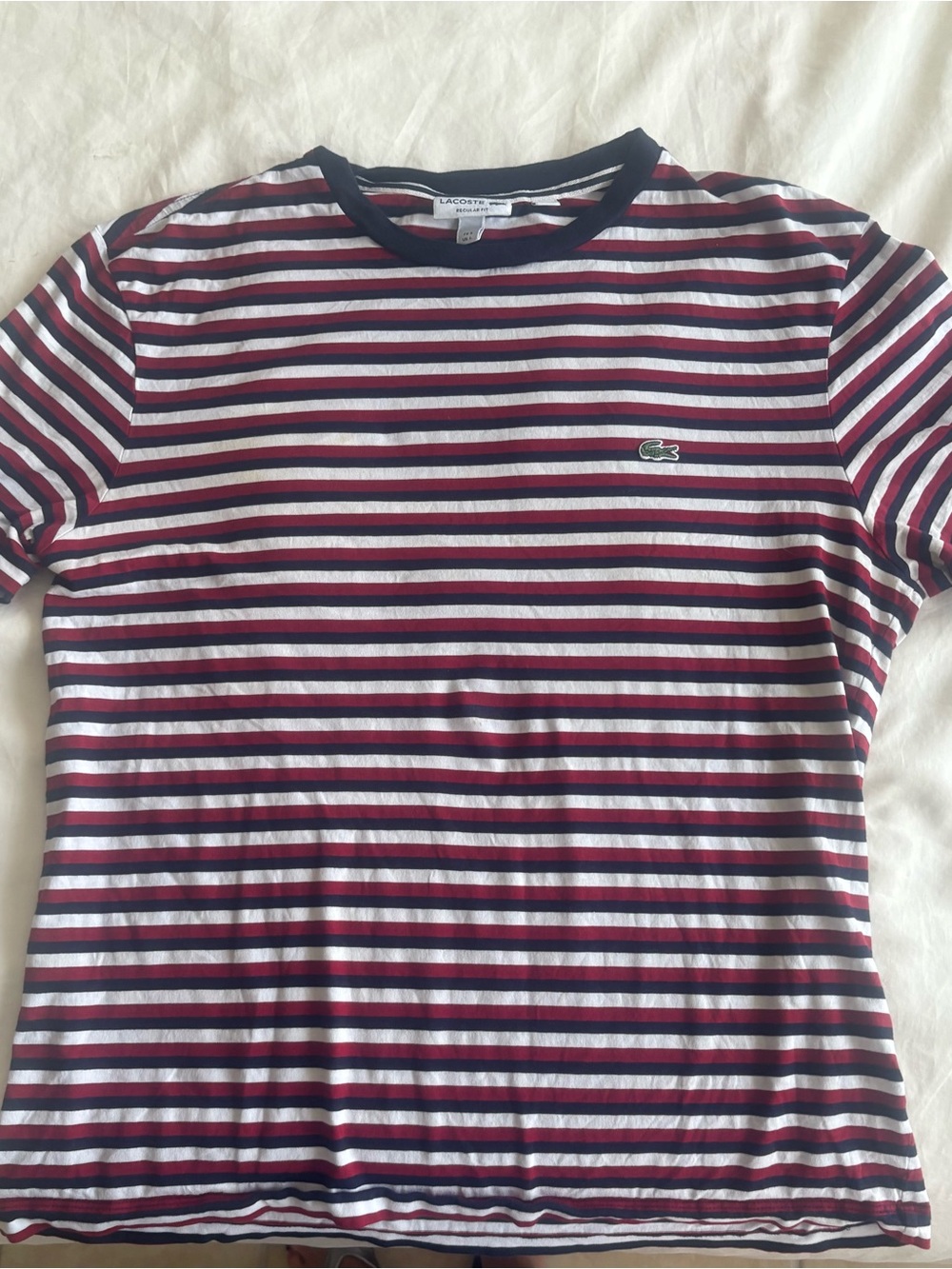 Lacoste Men’s large Navy, White & Burgundy Striped Crew Tee